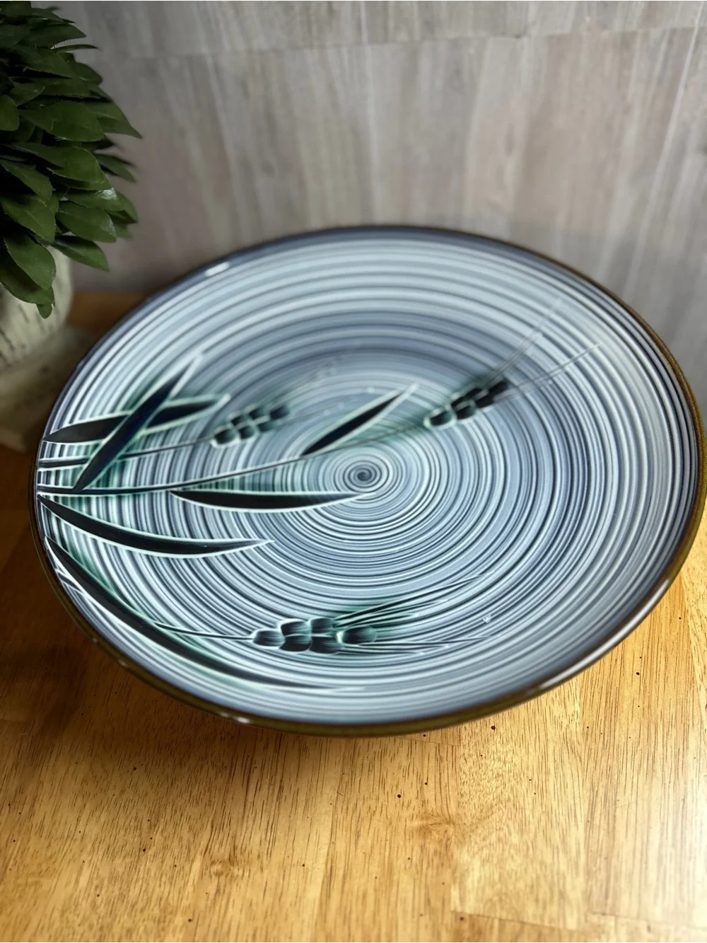Vintage Nasuga 12”Stoneware Serving Bowl Blue Spiral Botanical Design Ovenproof